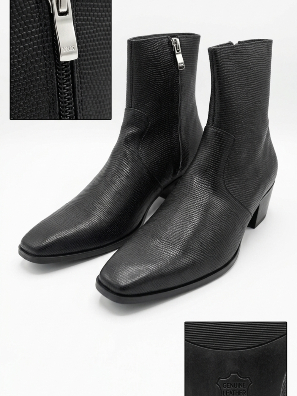 Men's Black Textured Leather Zip Ankle Boots